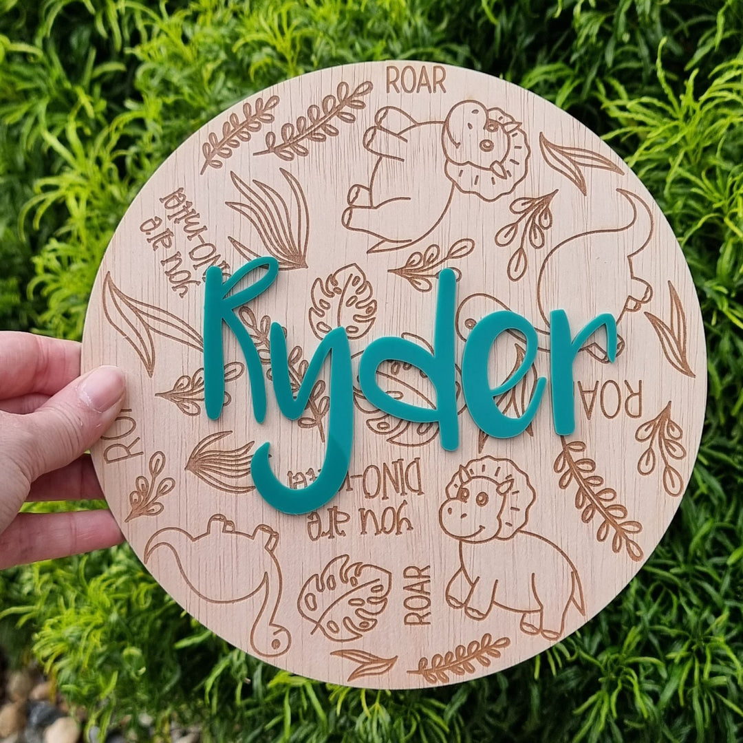 Dinosaur Engraved Round Name Plaque