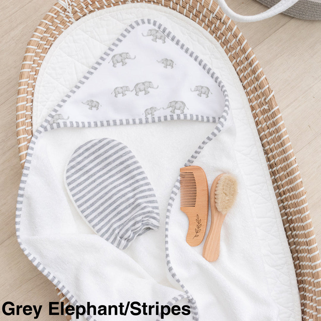 Living Textiles 4 Piece Baby Bath Gift Set Grey Elephant/Stripes