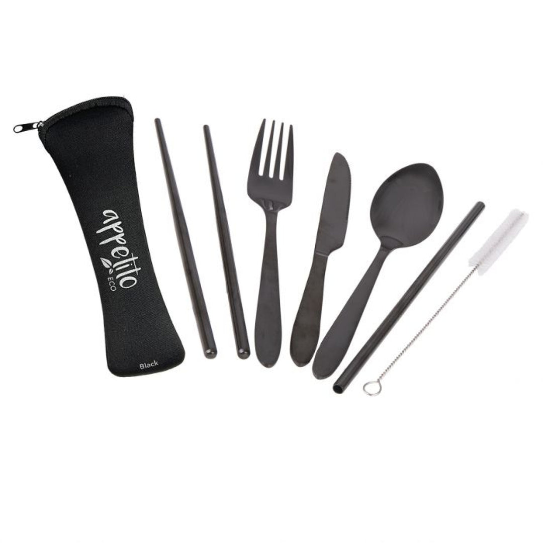 Reusable Stainless Steel Travel Cutlery Set Black & Case