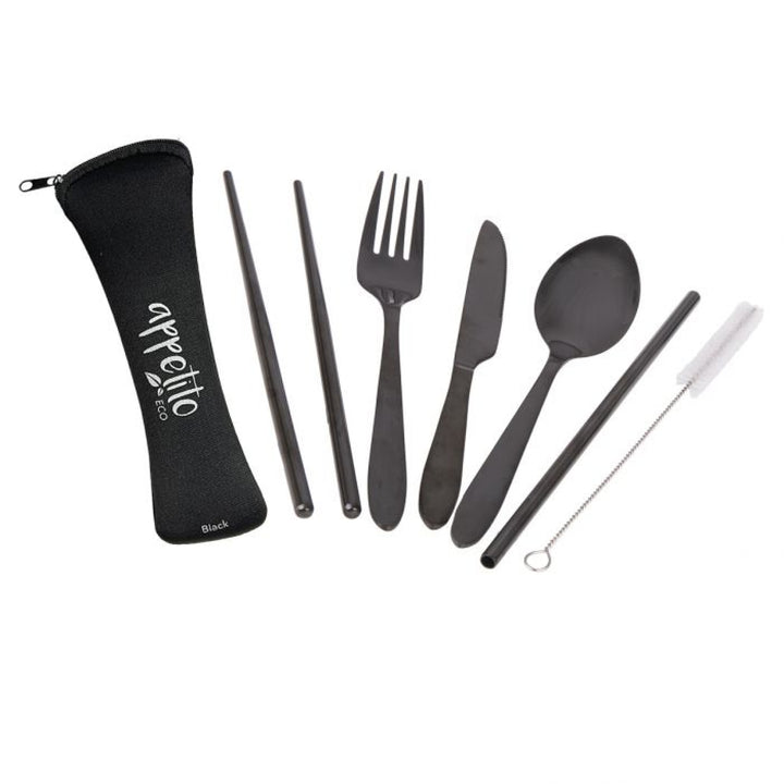 Reusable Stainless Steel Travel Cutlery Set Black & Case