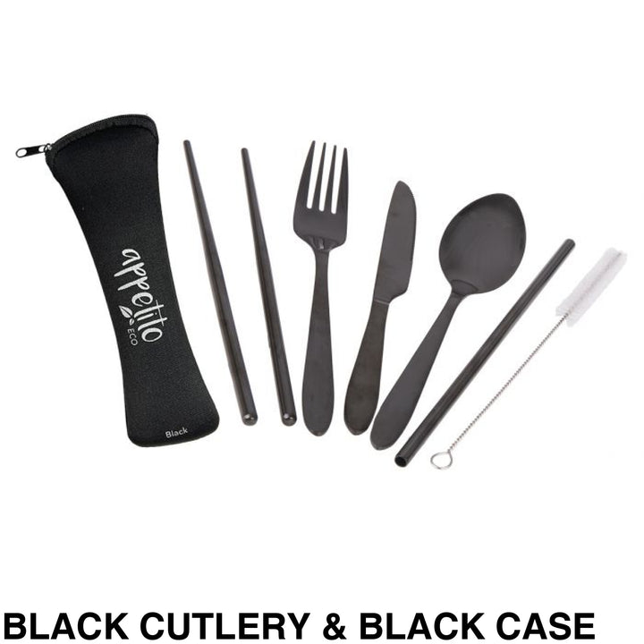 Reusable Stainless Steel Travel Cutlery Set Black & Case