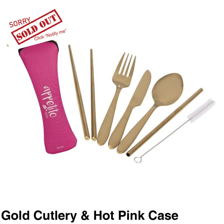 Reusable Stainless Steel Travel Cutlery Set Gold & Hot Pink Case