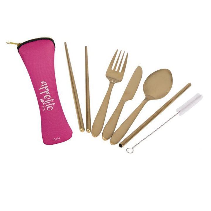 Reusable Stainless Steel Travel Cutlery Set Gold & Hot Pink Case