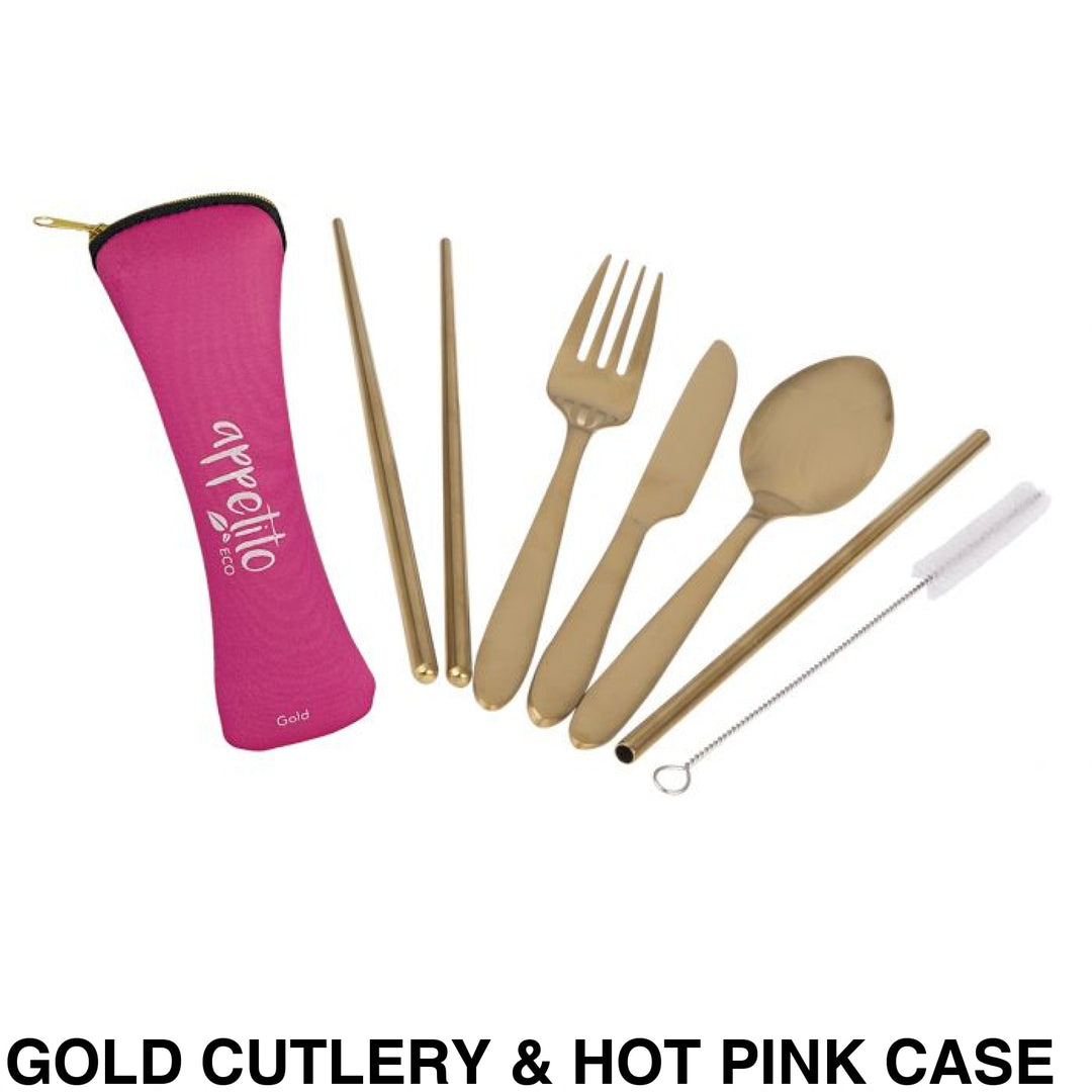 Reusable Stainless Steel Travel Cutlery Set Gold & Hot Pink Case