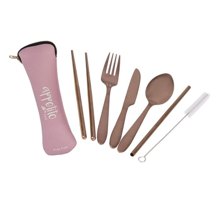 Reusable Stainless Steel Travel Cutlery Set Rose Gold & Light Pink Case