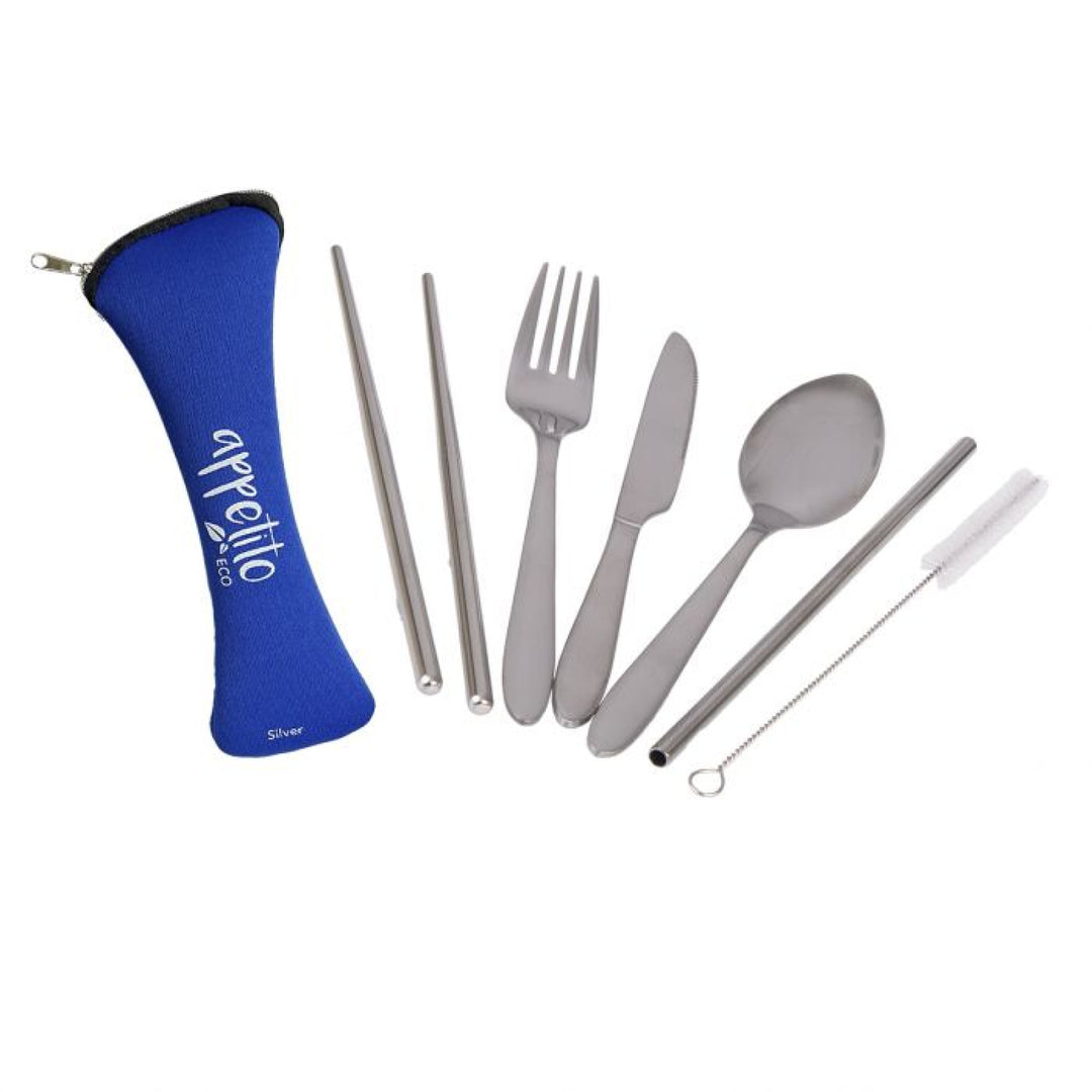 Reusable Stainless Steel Travel Cutlery Set Silver & Blue Case