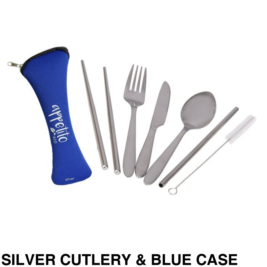 Reusable Stainless Steel Travel Cutlery Set Silver & Blue Case