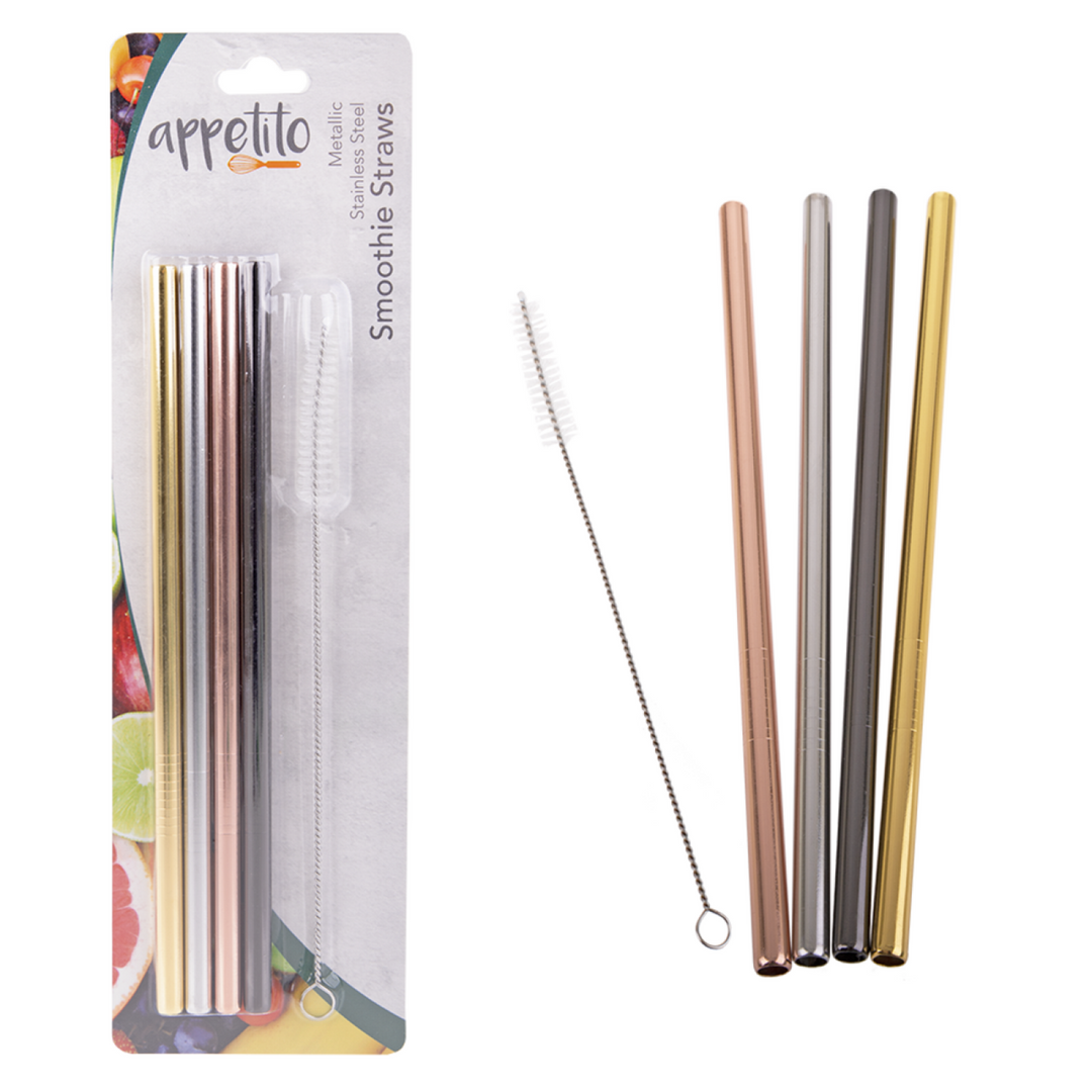 Appetito Stainless Steel Smoothie Straw set Metallic