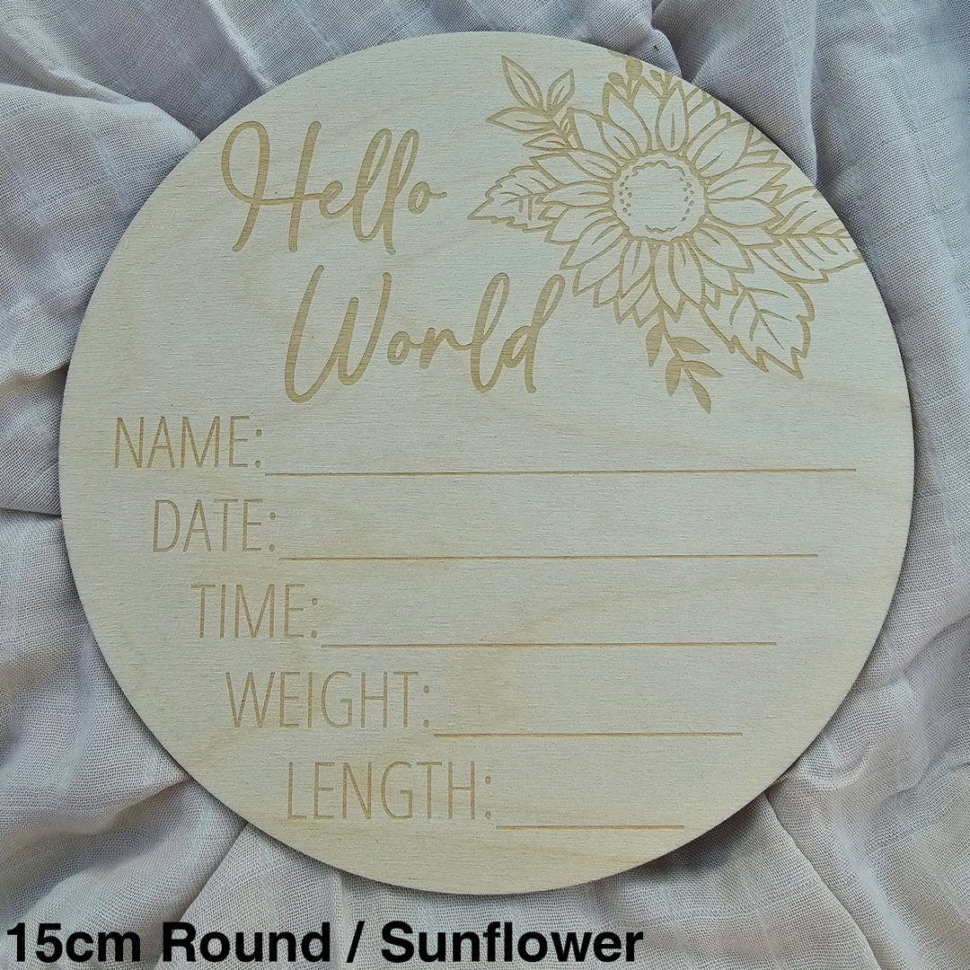 Assorted Engraved Hello World Announcement Plaque 15Cm Round / Sunflower