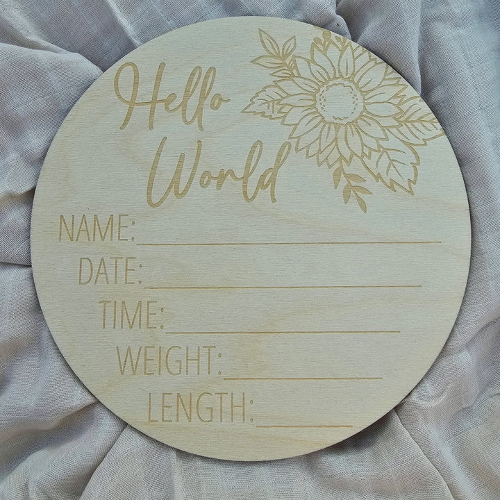 Assorted Engraved Hello World Announcement Plaque 15Cm Round / Sunflower