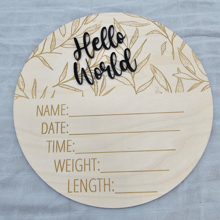 Assorted - Hello World Announcement Plaque 15Cm Round / All Over Leaves