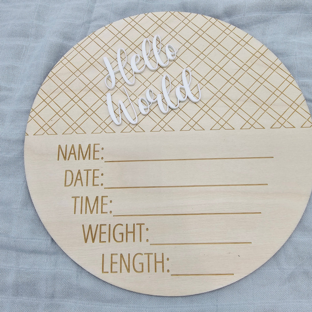 Assorted - Hello World Announcement Plaque 15Cm Round / Check/Gingham
