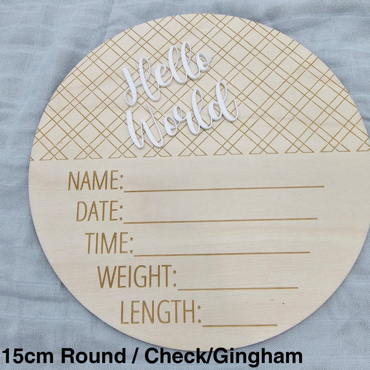 Assorted - Hello World Announcement Plaque 15Cm Round / Check/Gingham