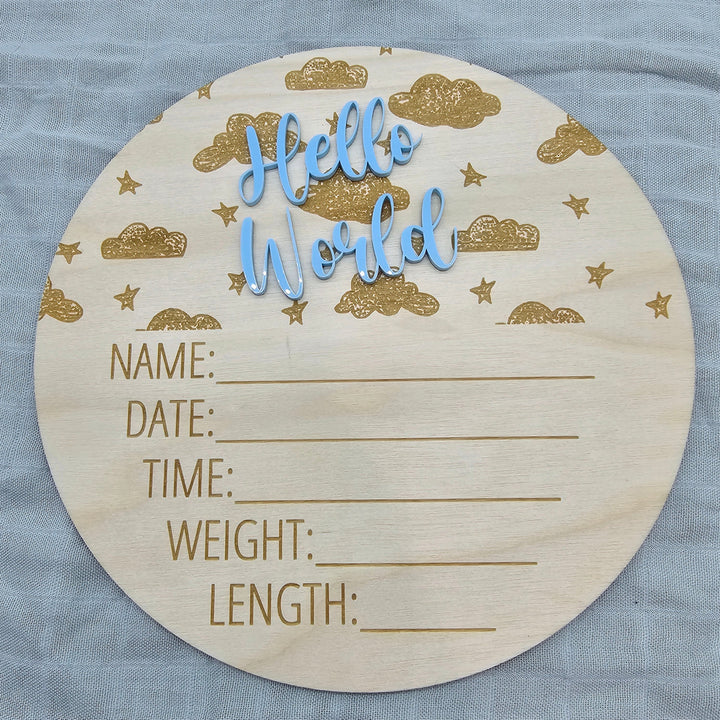 Assorted - Hello World Announcement Plaque 15Cm Round / Clouds