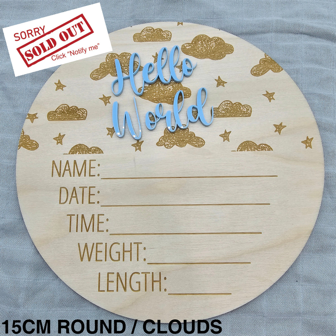 Assorted - Hello World Announcement Plaque 15Cm Round / Clouds