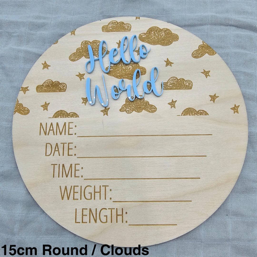 Assorted - Hello World Announcement Plaque 15Cm Round / Clouds