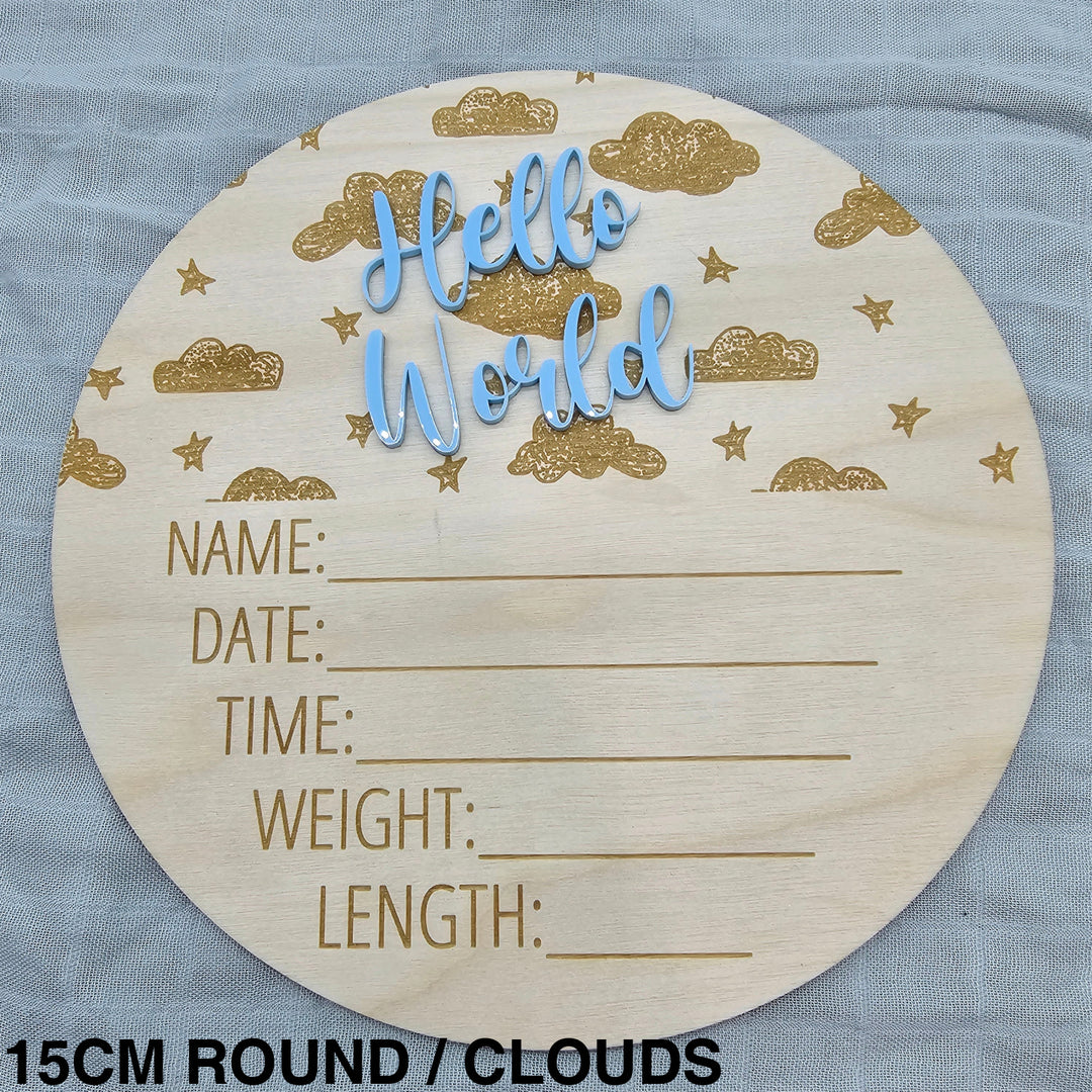 Assorted - Hello World Announcement Plaque 15Cm Round / Clouds