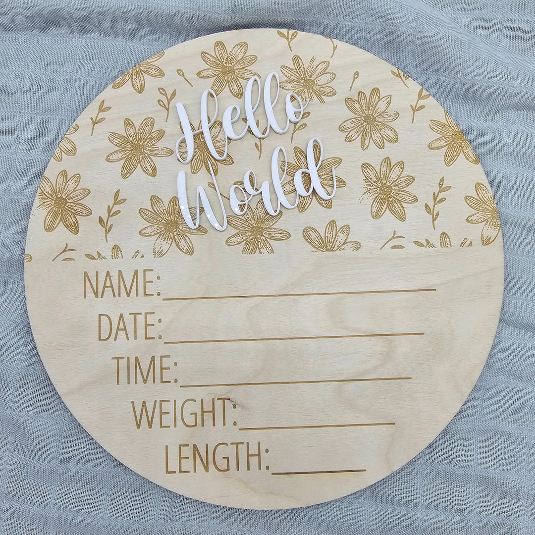 Assorted - Hello World Announcement Plaque 15Cm Round / Daisy