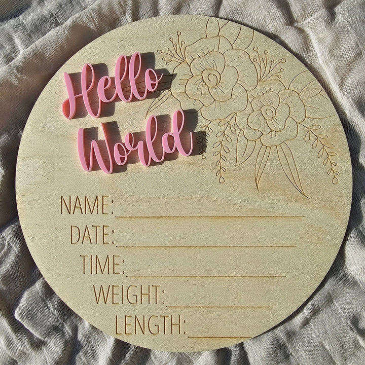 Assorted - Hello World Announcement Plaque 15Cm Round / Floral