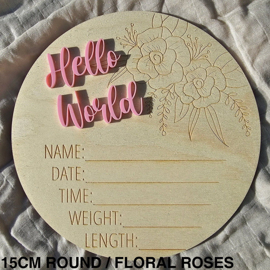 Assorted - Hello World Announcement Plaque 15Cm Round / Floral