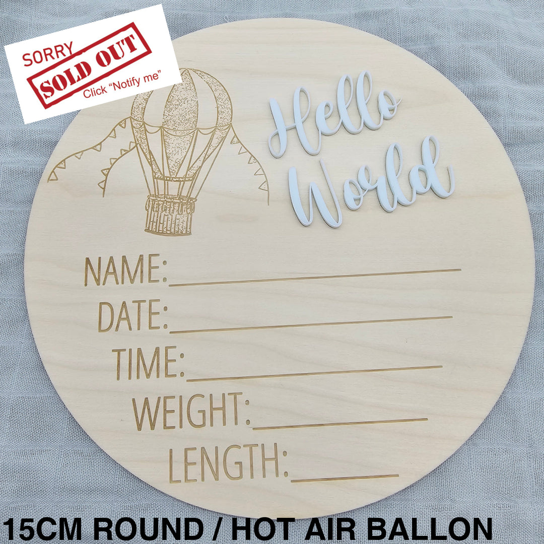 Assorted - Hello World Announcement Plaque 15Cm Round / Hot Air Ballon