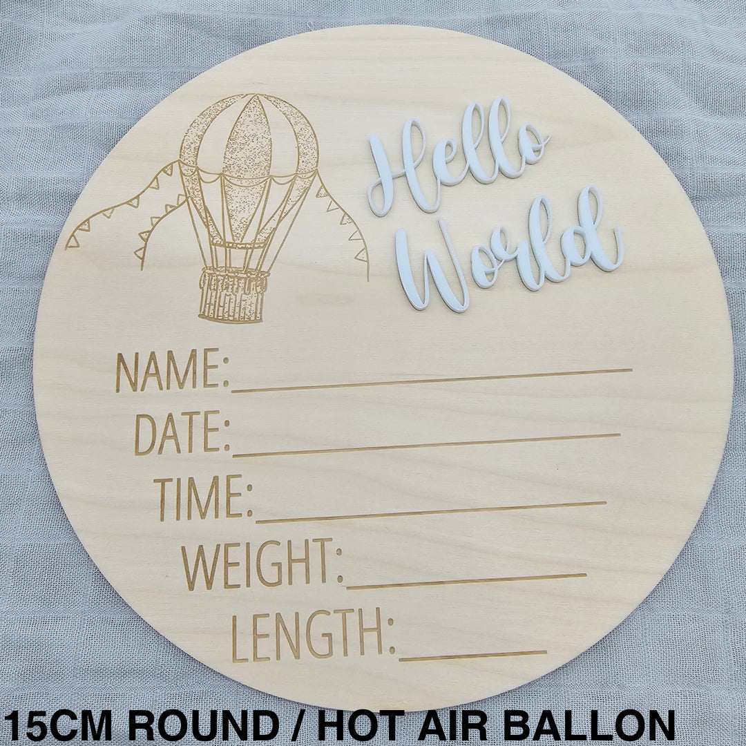 Assorted - Hello World Announcement Plaque 15Cm Round / Hot Air Ballon