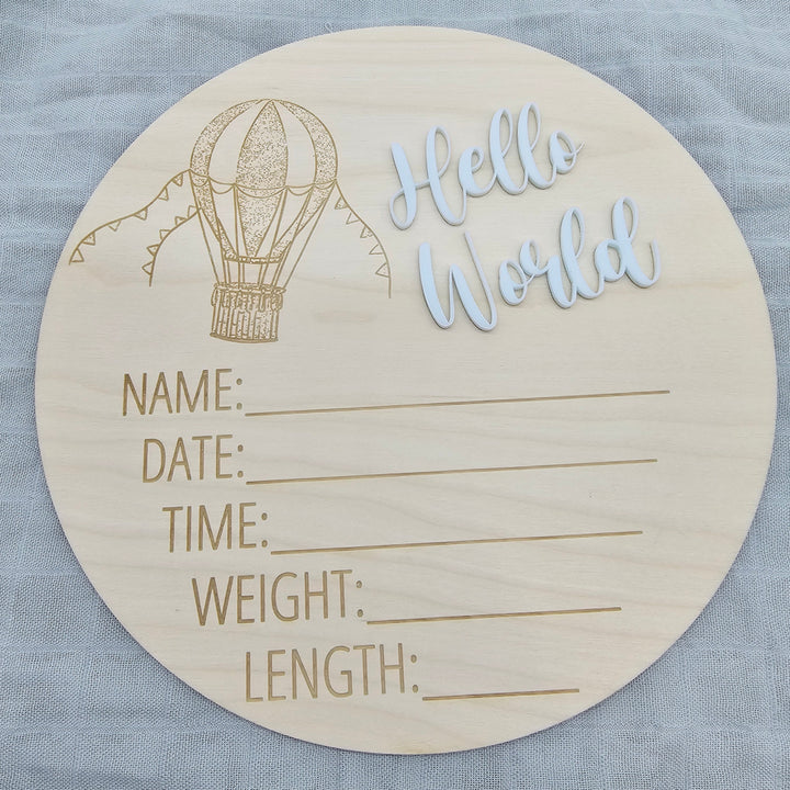 Assorted - Hello World Announcement Plaque 15Cm Round / Hot Air Ballon