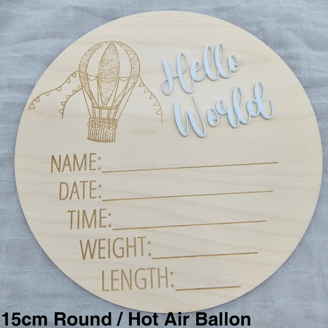 Assorted - Hello World Announcement Plaque 15Cm Round / Hot Air Ballon