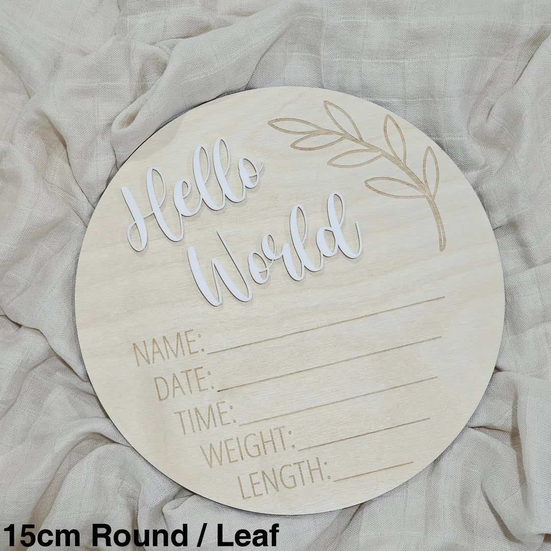 Assorted - Hello World Announcement Plaque 15Cm Round / Leaf