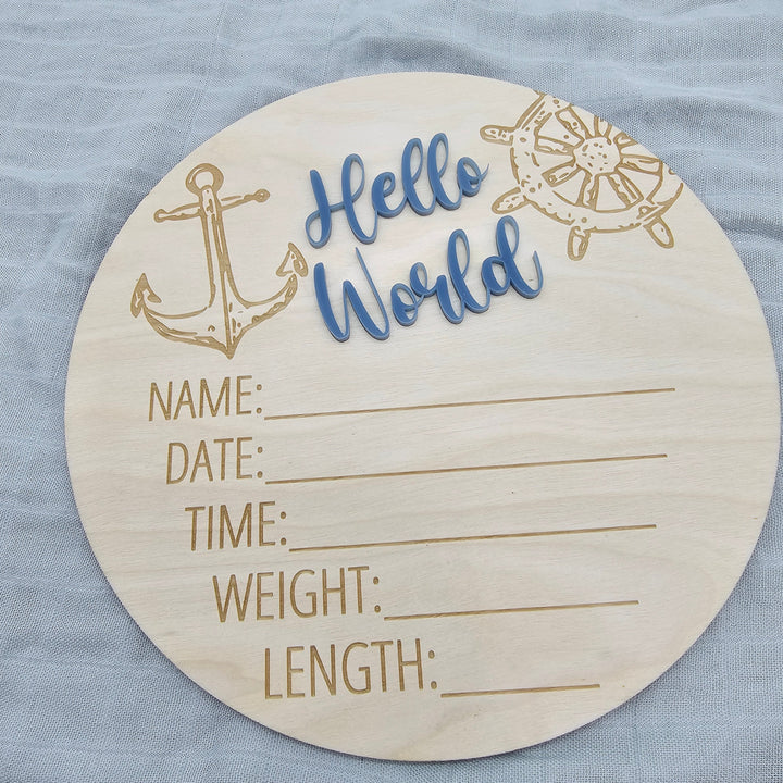 Assorted - Hello World Announcement Plaque 15Cm Round / Nautical