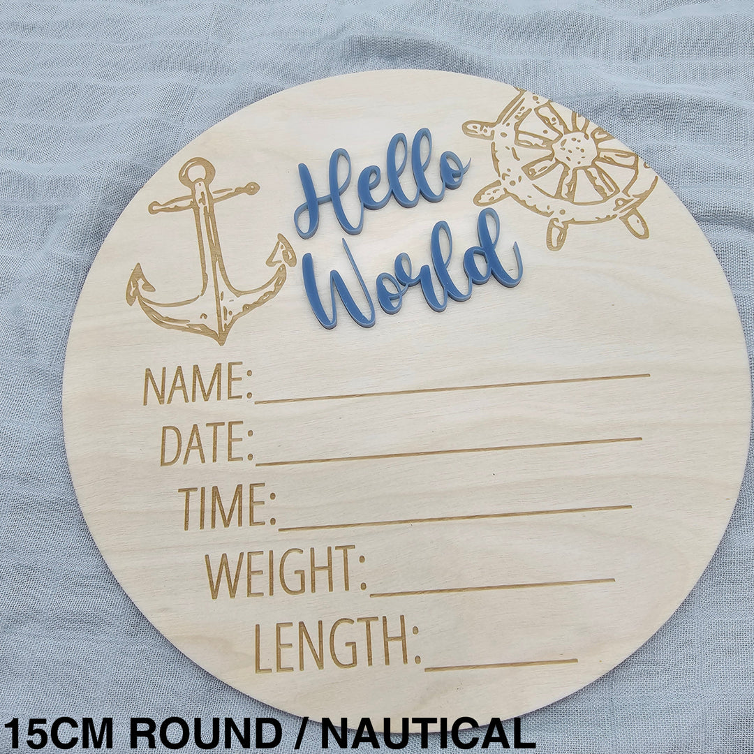 Assorted - Hello World Announcement Plaque 15Cm Round / Nautical