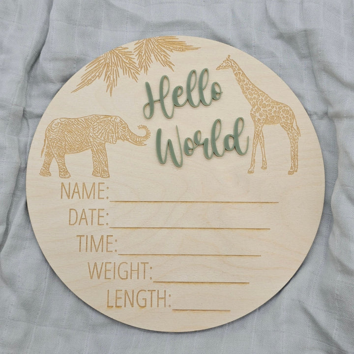 Assorted - Hello World Announcement Plaque 15Cm Round / Safari