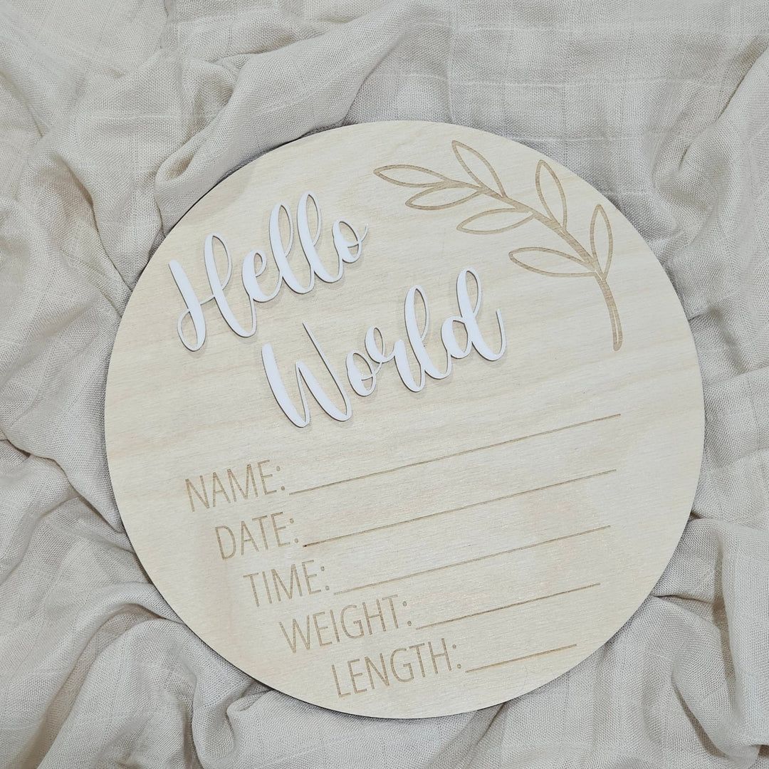 Assorted - Hello World Announcement Plaque 15Cm Round / Leaf