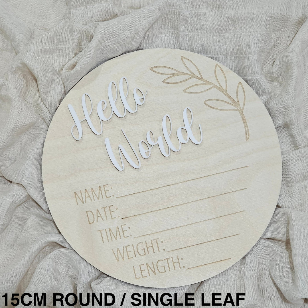 Assorted - Hello World Announcement Plaque 15Cm Round / Leaf