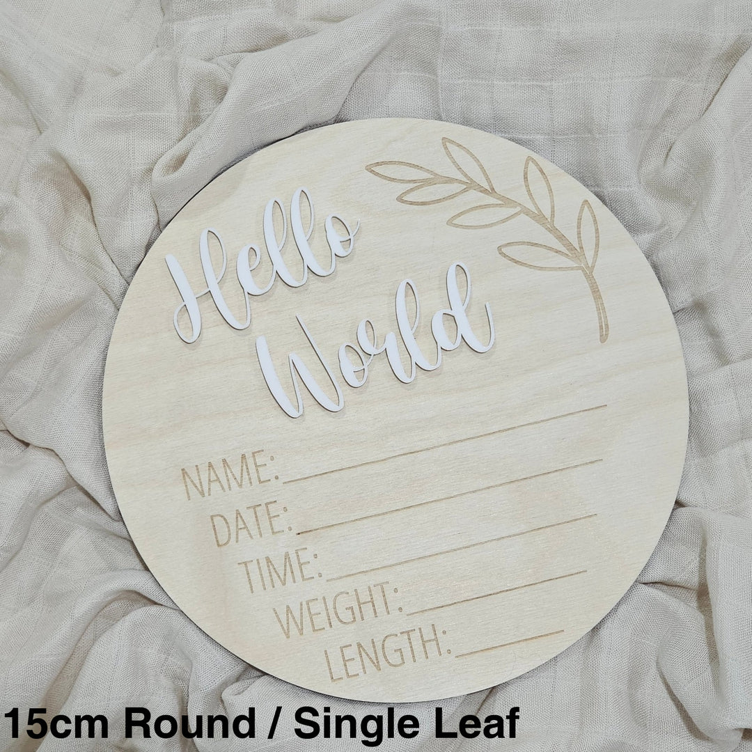 Assorted - Hello World Announcement Plaque 15Cm Round / Leaf