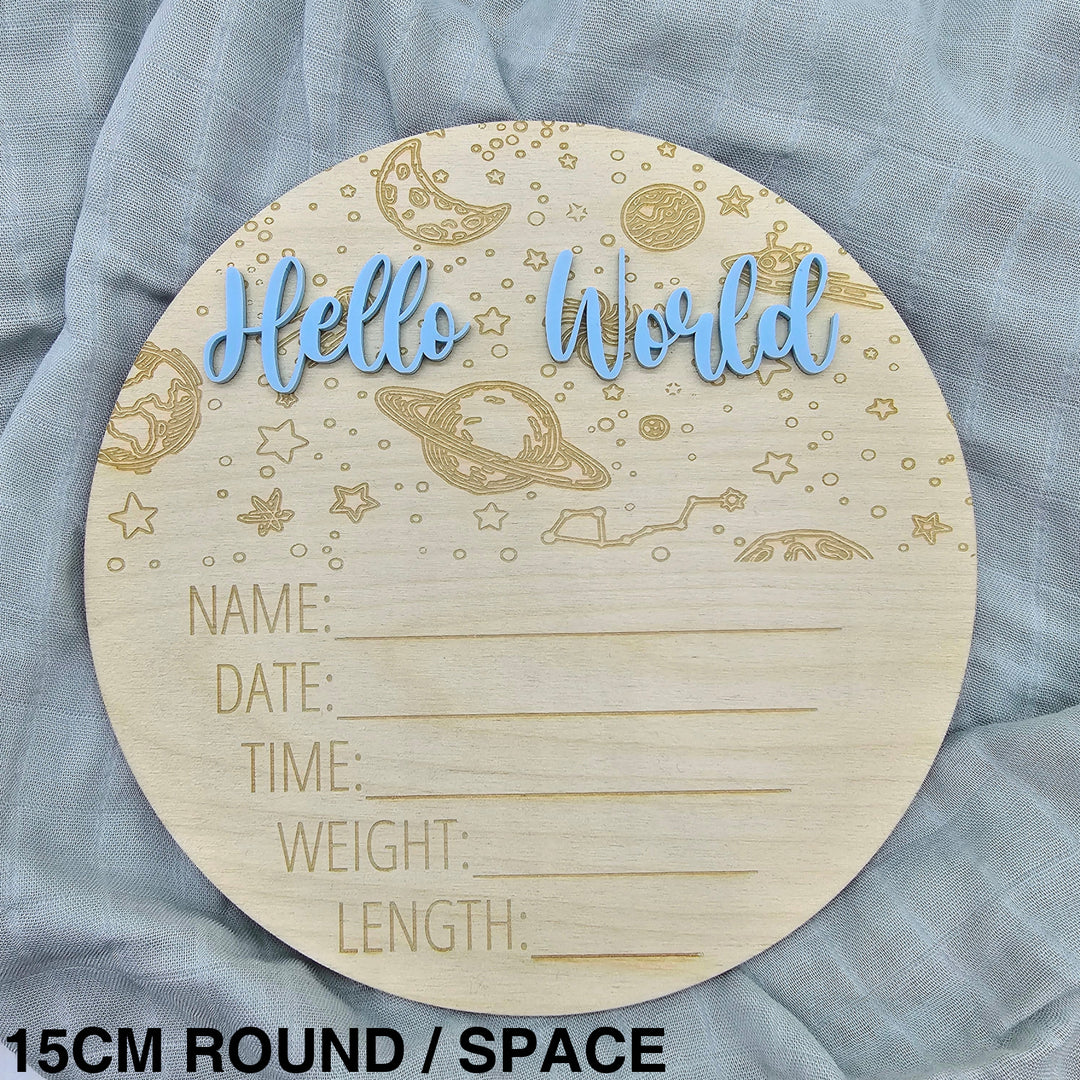 Assorted - Hello World Announcement Plaque 15Cm Round / Space