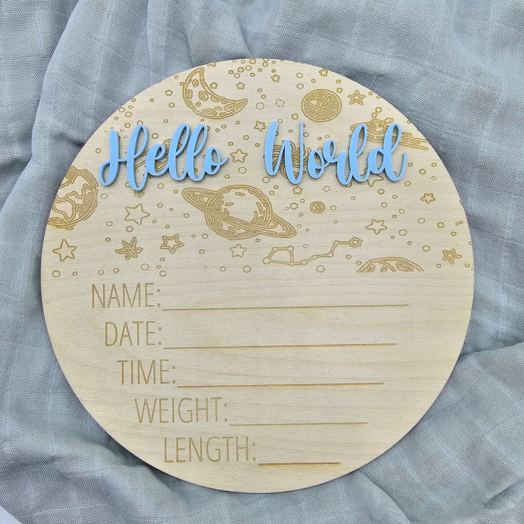 Assorted - Hello World Announcement Plaque 15Cm Round / Space
