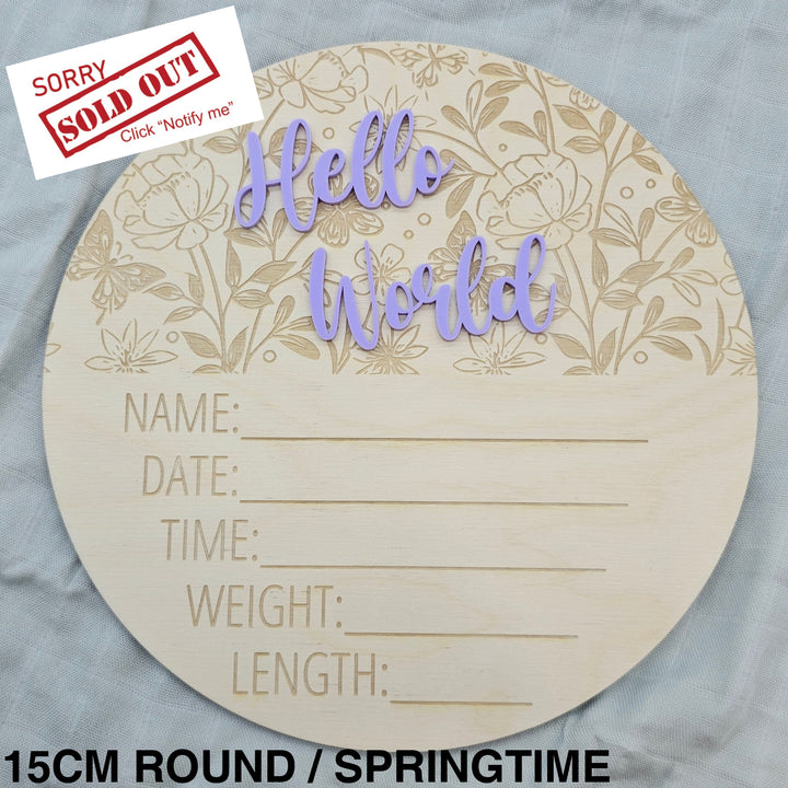Assorted - Hello World Announcement Plaque 15Cm Round / Springtime