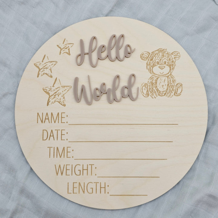 Assorted - Hello World Announcement Plaque 15Cm Round / Teddy Bears