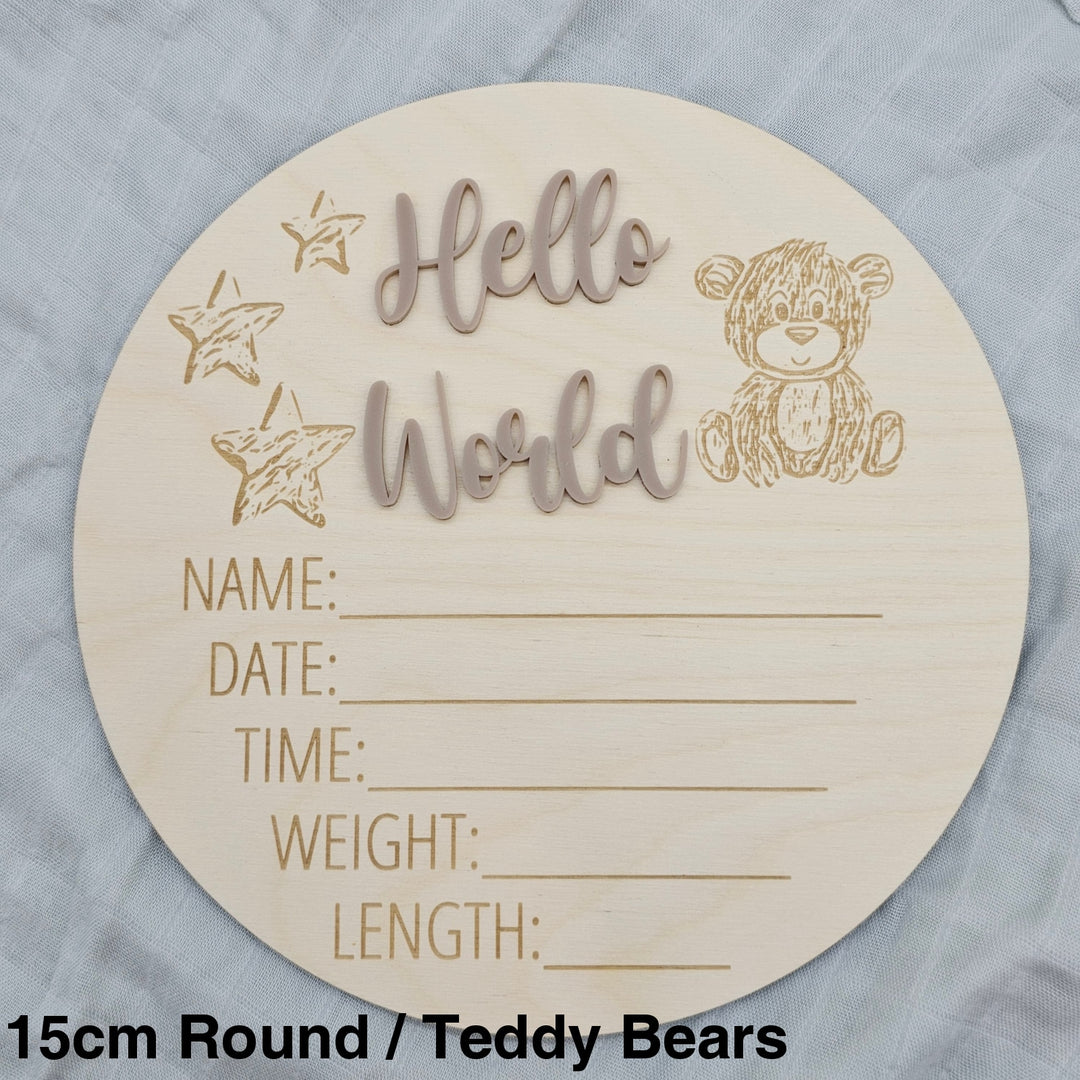 Assorted - Hello World Announcement Plaque 15Cm Round / Teddy Bears