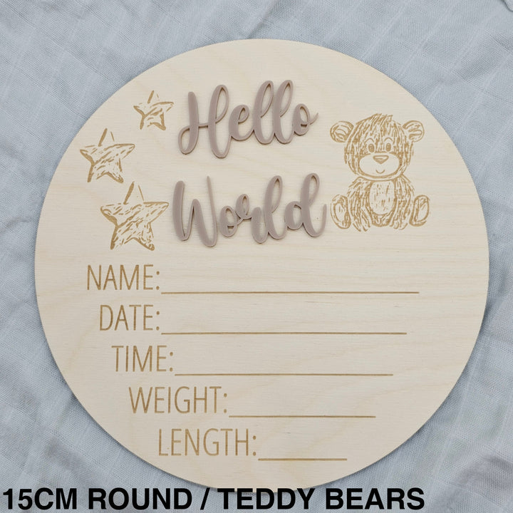 Assorted - Hello World Announcement Plaque 15Cm Round / Teddy Bears