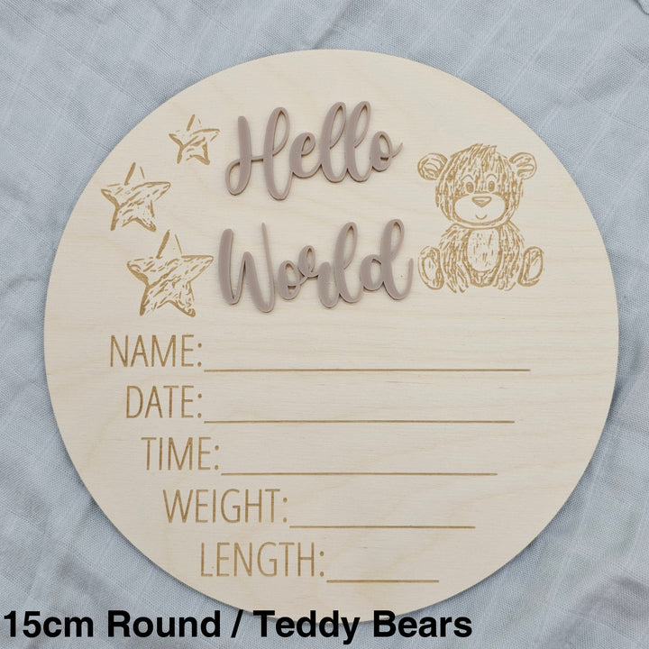 Assorted - Hello World Announcement Plaque 15Cm Round / Teddy Bears