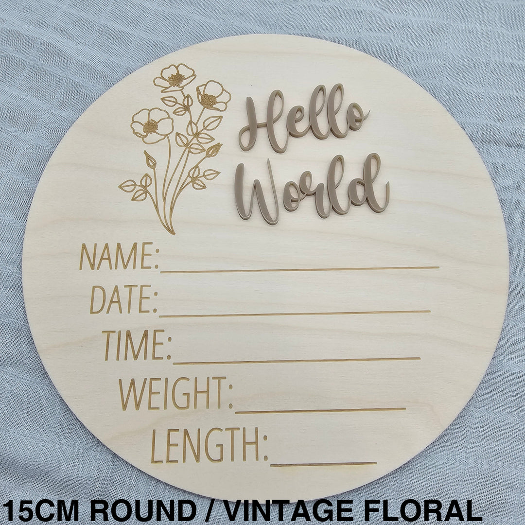 Assorted - Hello World Announcement Plaque 15Cm Round / Vintage Floral