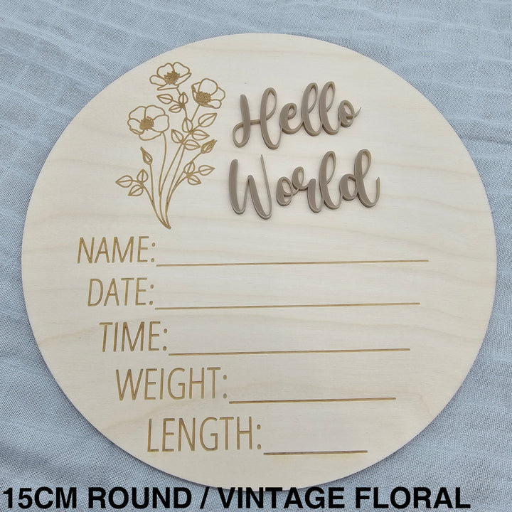 Assorted - Hello World Announcement Plaque 15Cm Round / Vintage Floral