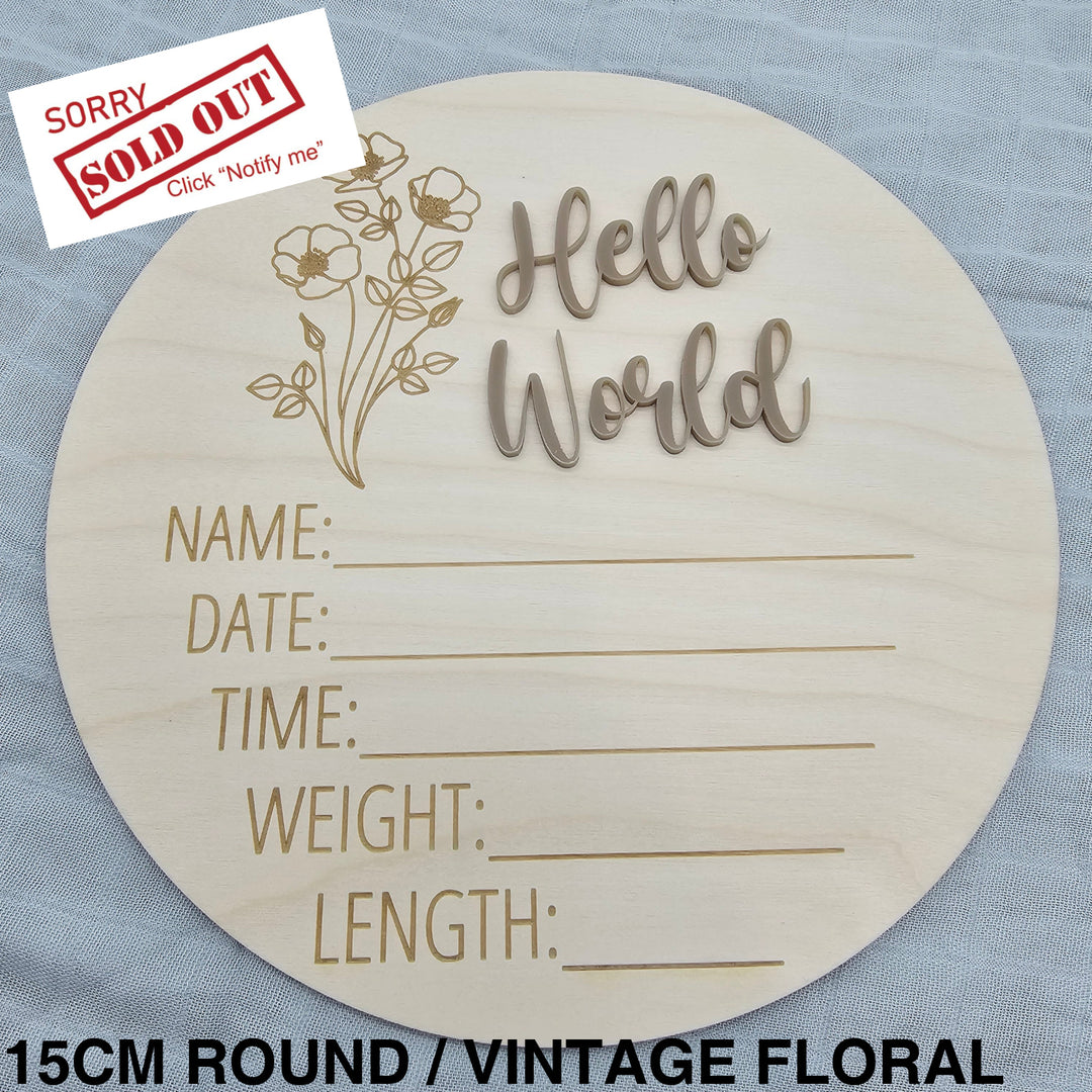 Assorted - Hello World Announcement Plaque 15Cm Round / Vintage Floral