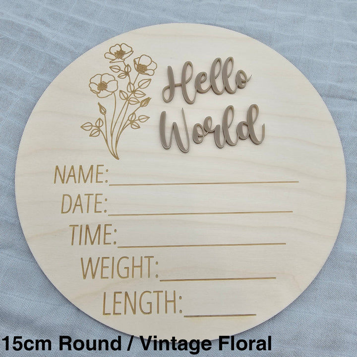 Assorted - Hello World Announcement Plaque 15Cm Round / Vintage Floral