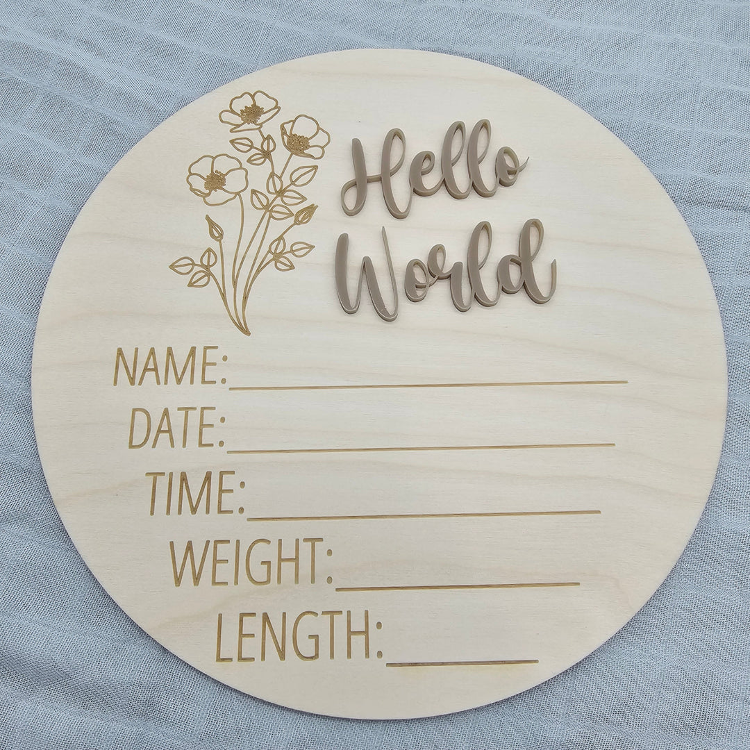 Assorted - Hello World Announcement Plaque 15Cm Round / Vintage Floral