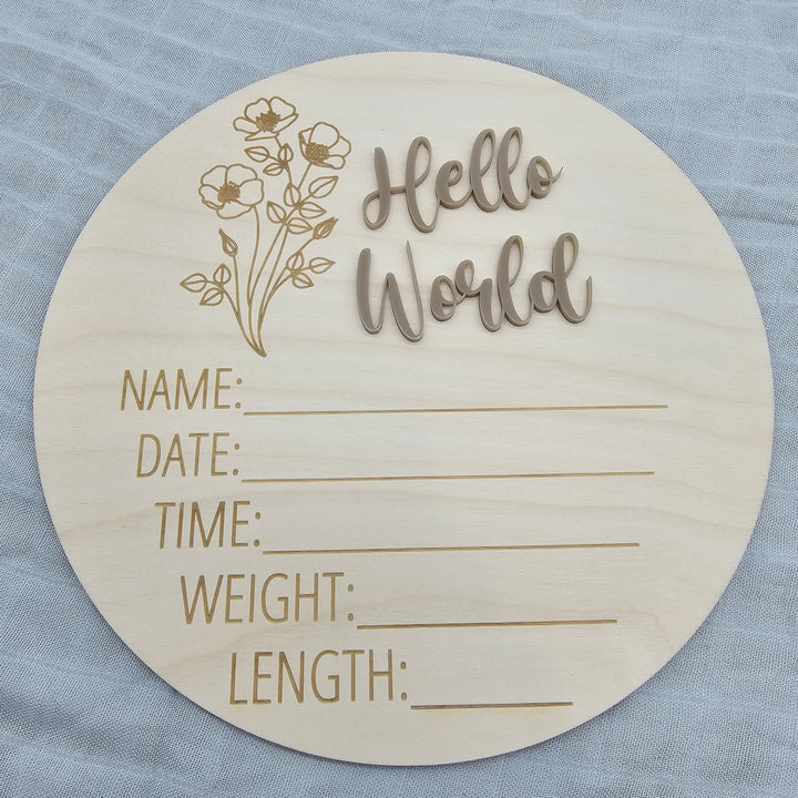 Assorted - Hello World Announcement Plaque 15Cm Round / Vintage Floral