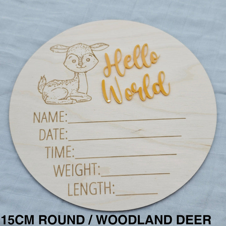 Assorted - Hello World Announcement Plaque 15Cm Round / Woodland Deer