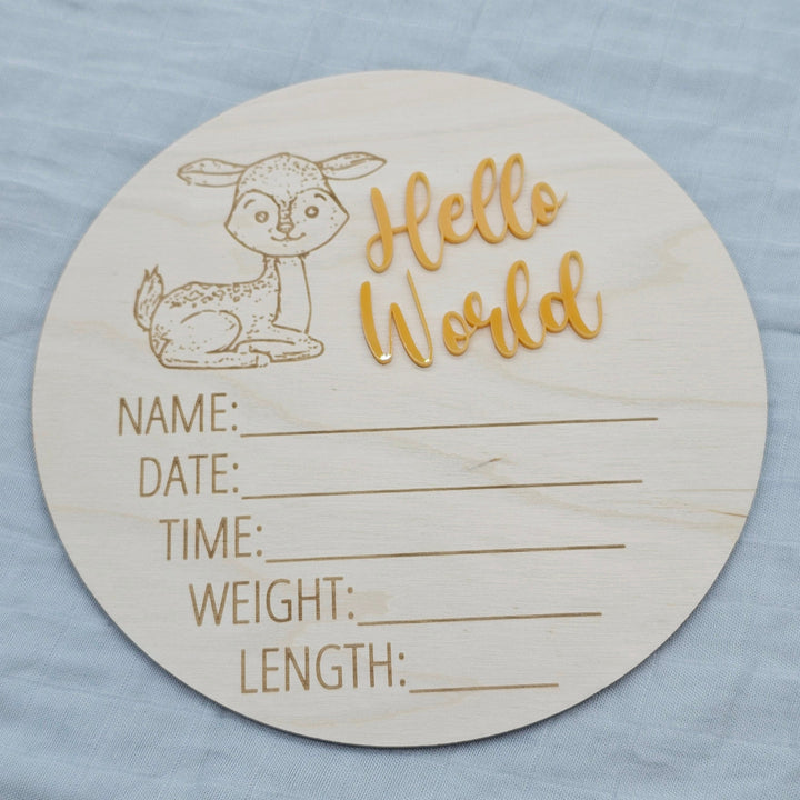 Assorted - Hello World Announcement Plaque 15Cm Round / Woodland Deer